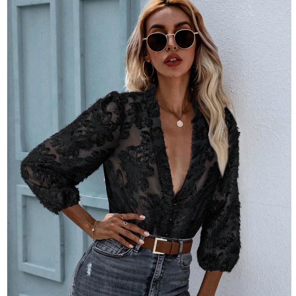 Black Casual Textured Shirt Button Up Down Floral